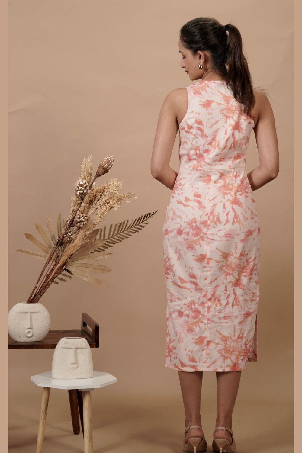 Cream & Pink Printed V Neck Fitted Dress