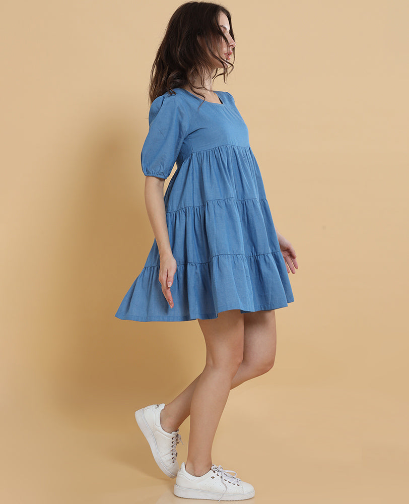 Blue Denim Tiered Smock Dress