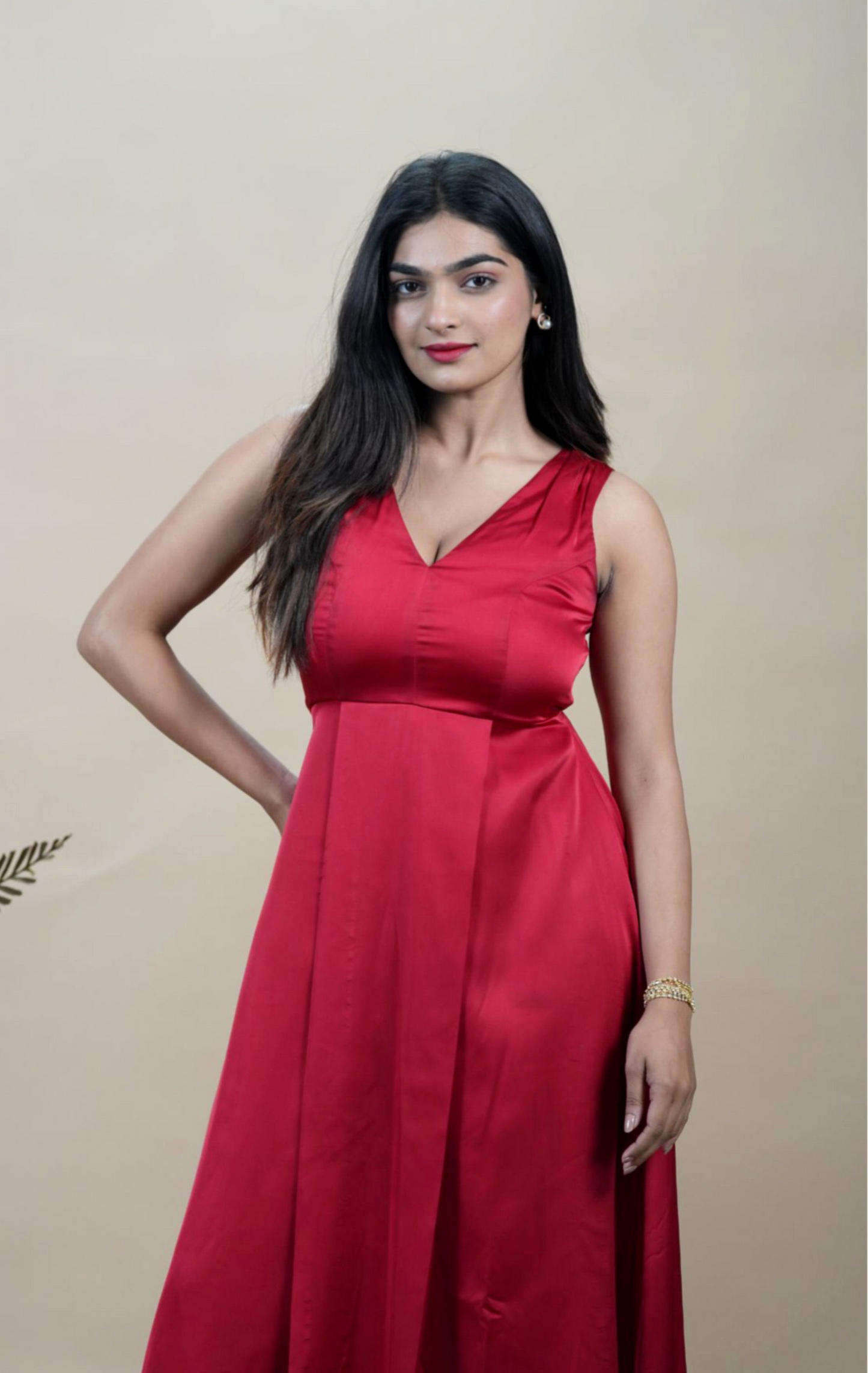 Solid Red Satin Sleeveless Dress