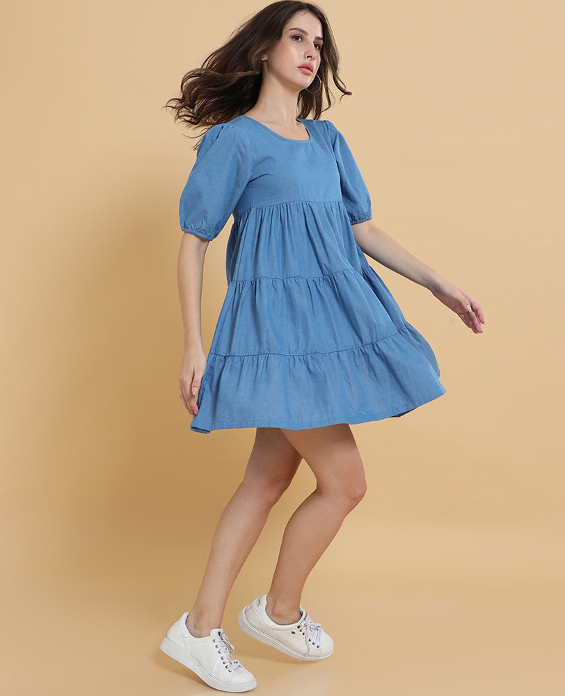Blue Denim Tiered Smock Dress