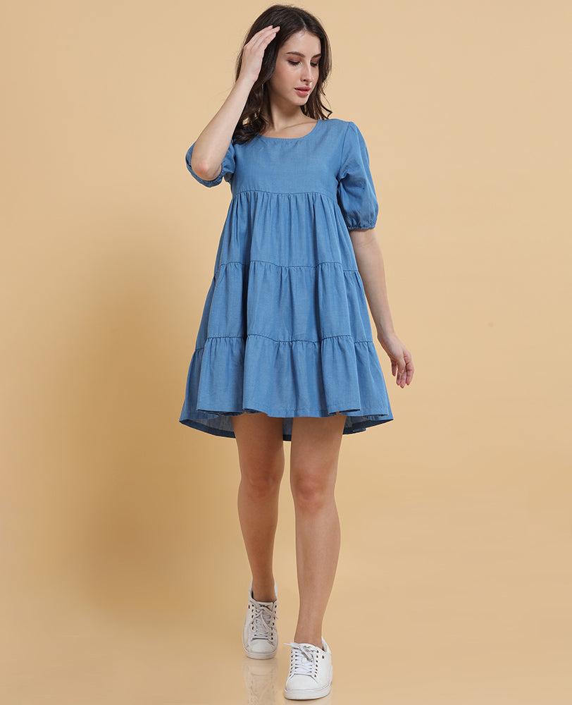 Blue Denim Tiered Smock Dress