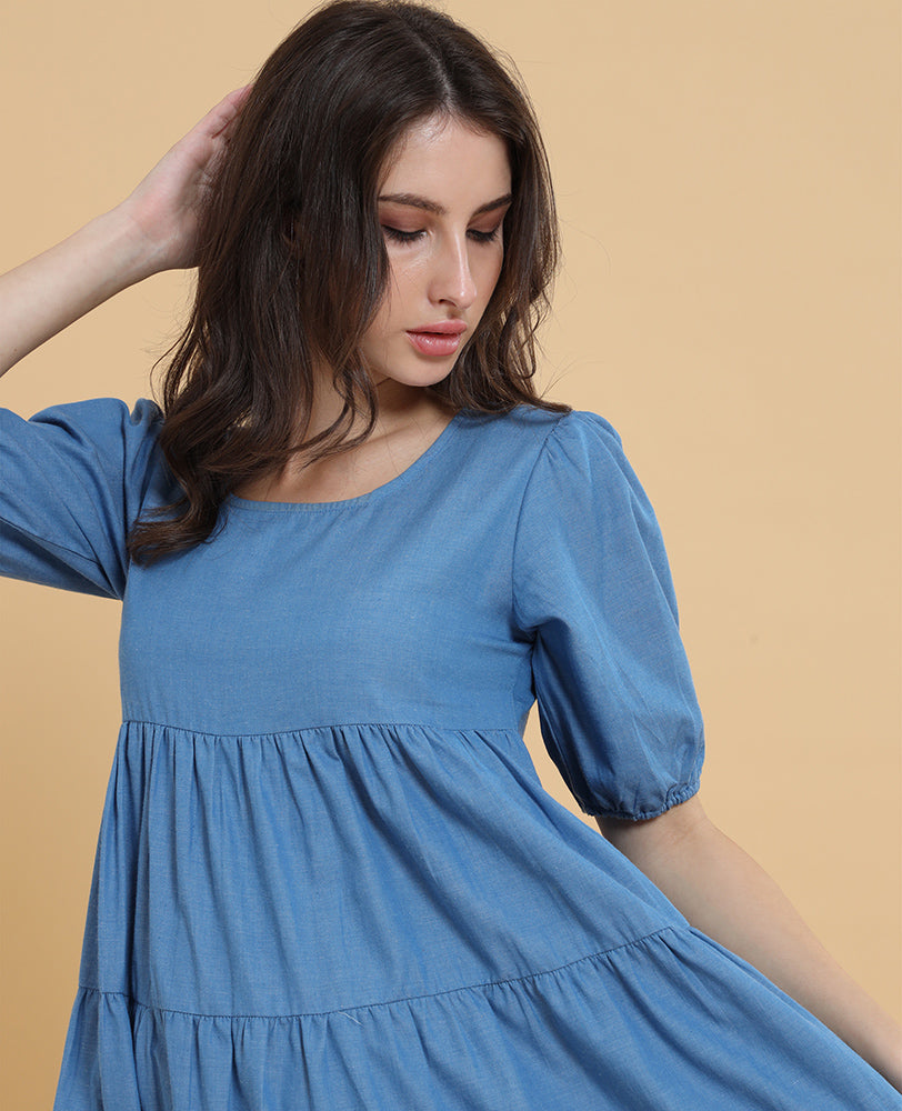 Blue Denim Tiered Smock Dress