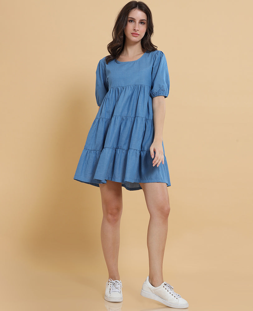 Blue Denim Tiered Smock Dress