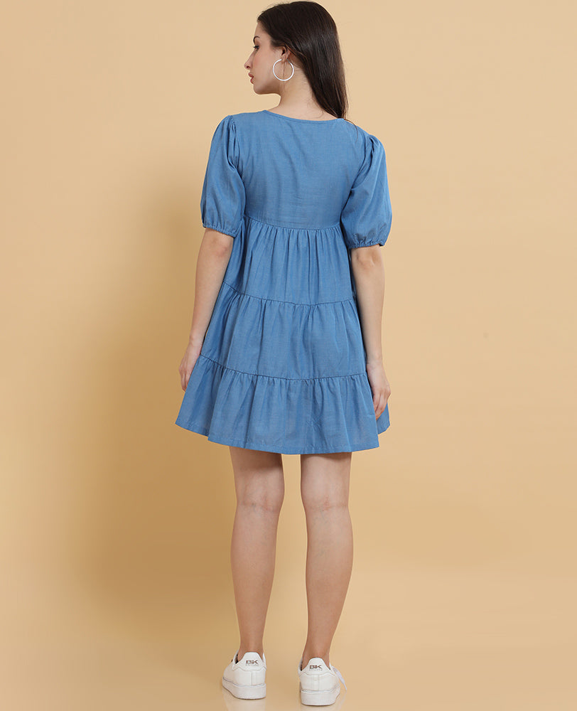 Blue Denim Tiered Smock Dress