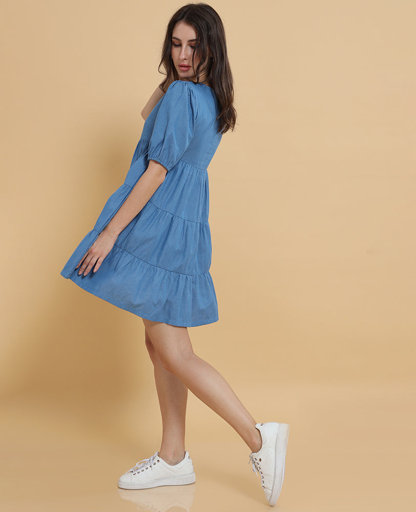 Blue Denim Tiered Smock Dress