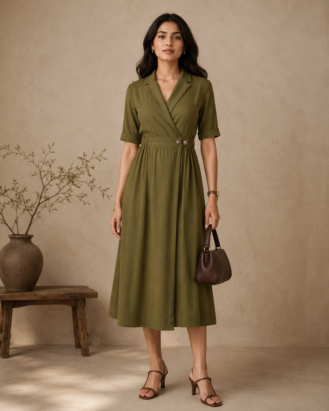 Olive Rayon Blazer-Style Double Button Midi Dress