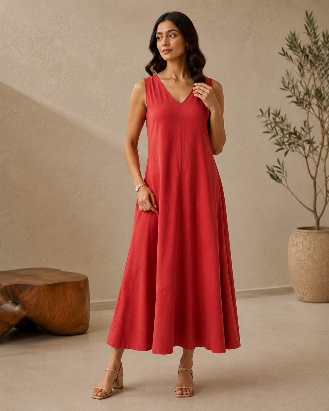 Red Floral Modal Satin Shirt Collar Belted Midi Dress