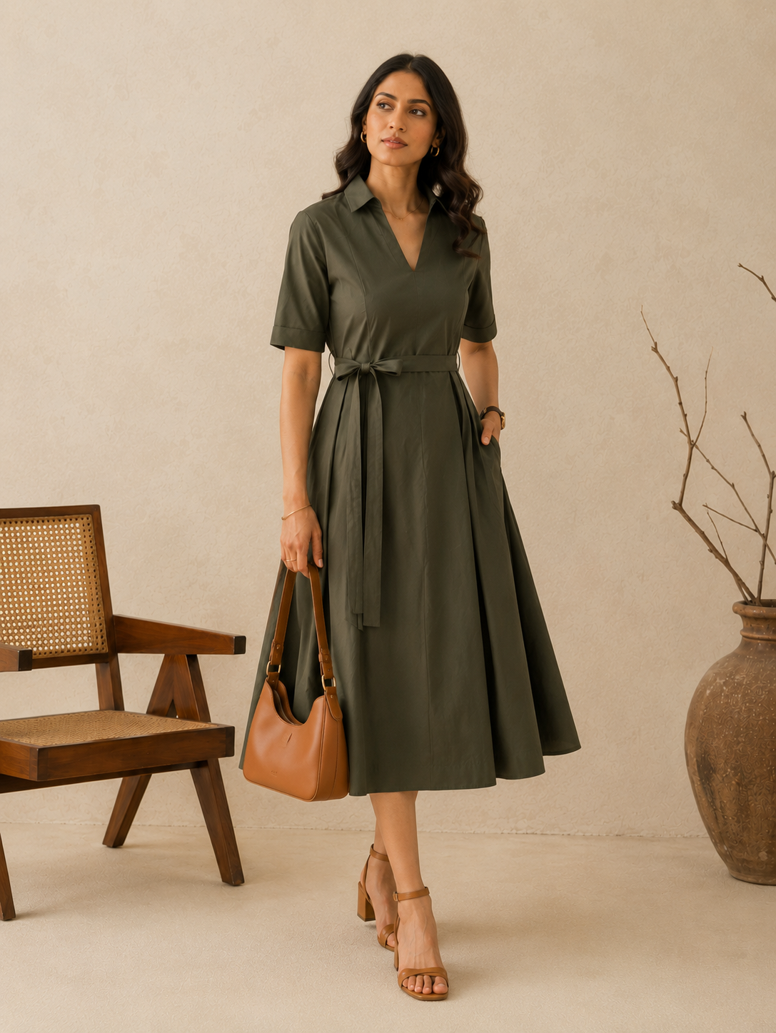 Forest Green Cotton Shirt Collar Belted Midi Dress