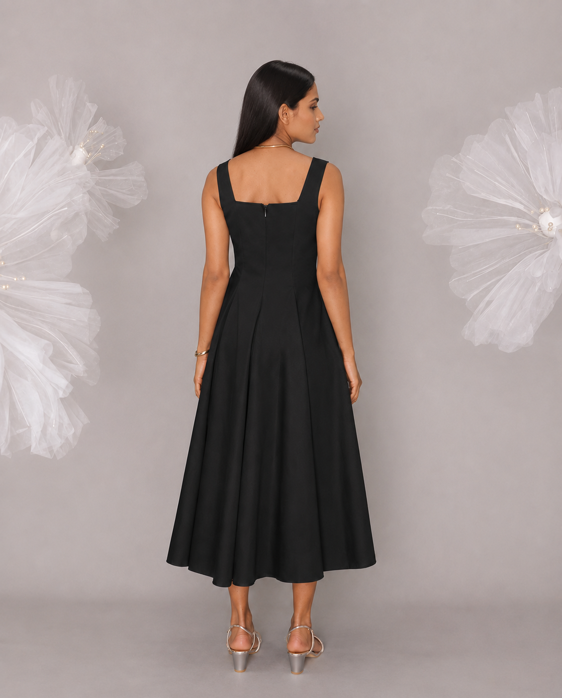 Black Cotton Square Neck Flared Midi Dress