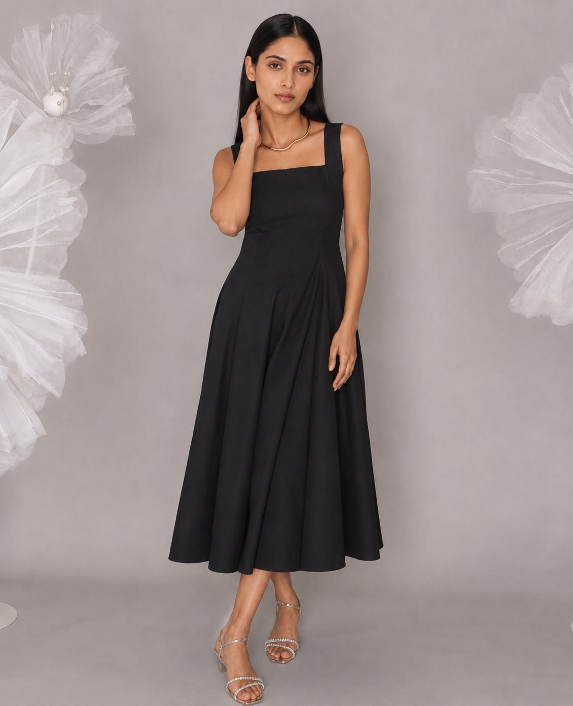 Black Cotton Square Neck Flared Midi Dress