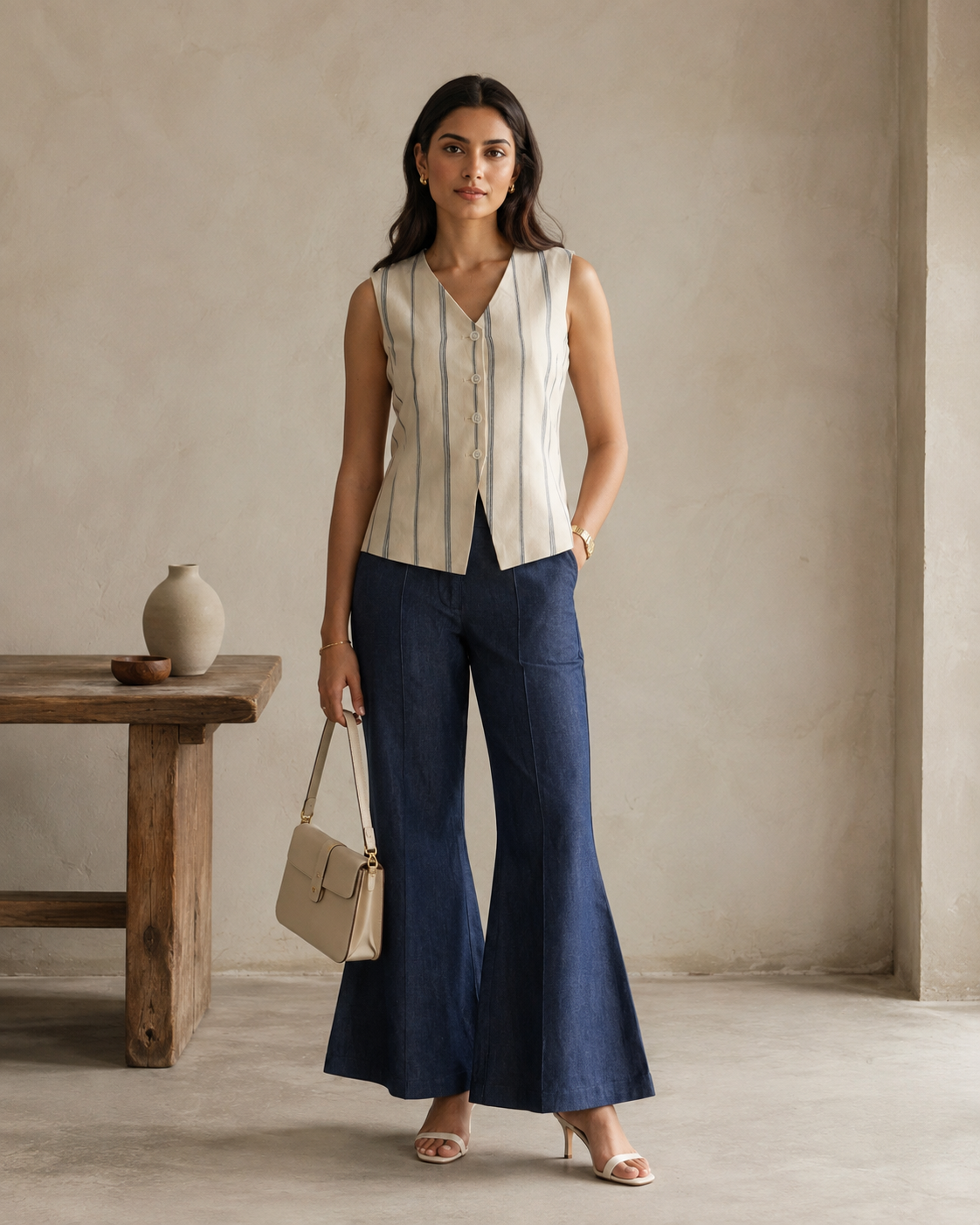 Ivory Navy Stripe Sleeveless Tailored Waistcoat