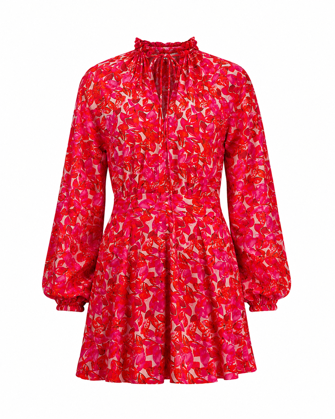 Pink Abstract Floral Bardot Neck Puff Sleeve Tiered Midi Dress