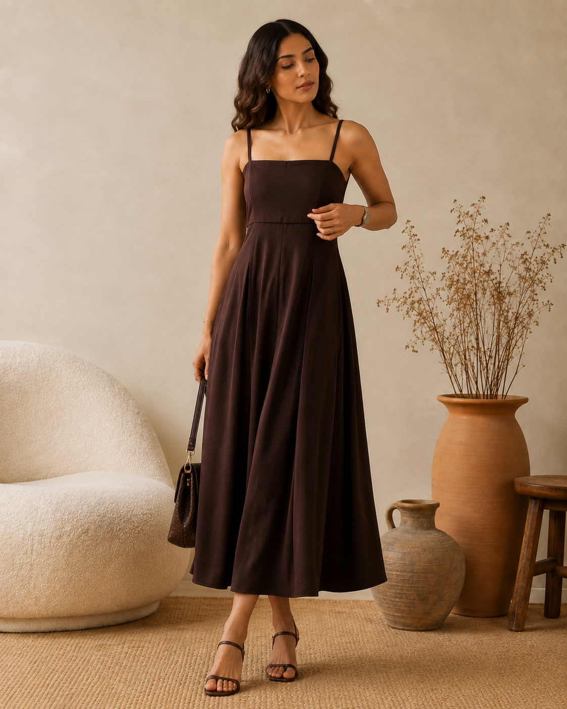 Espresso Brown Satin Square Neck Pleated Midi Dress
