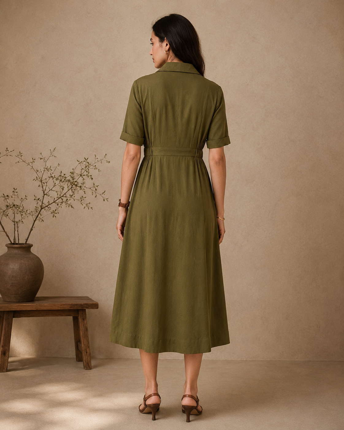 Olive Rayon Blazer-Style Double Button Midi Dress