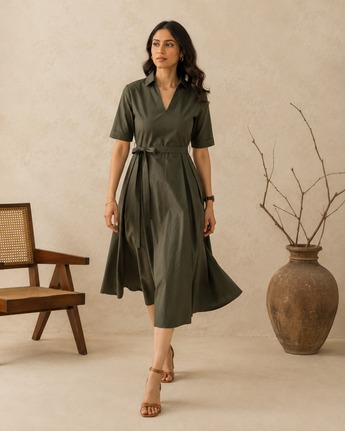 Forest Green Cotton Shirt Collar Belted Midi Dress
