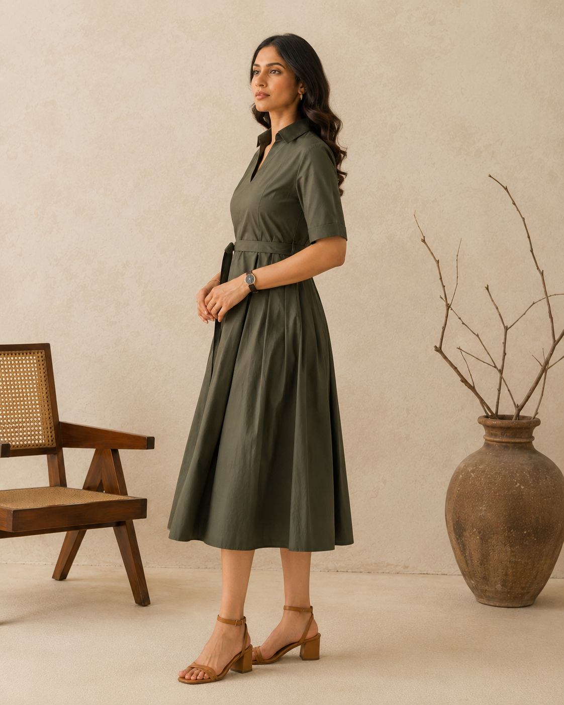 Forest Green Cotton Shirt Collar Belted Midi Dress