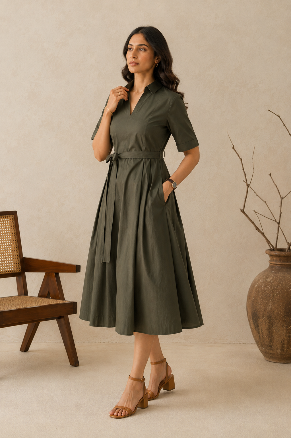 Forest Green Cotton Shirt Collar Belted Midi Dress