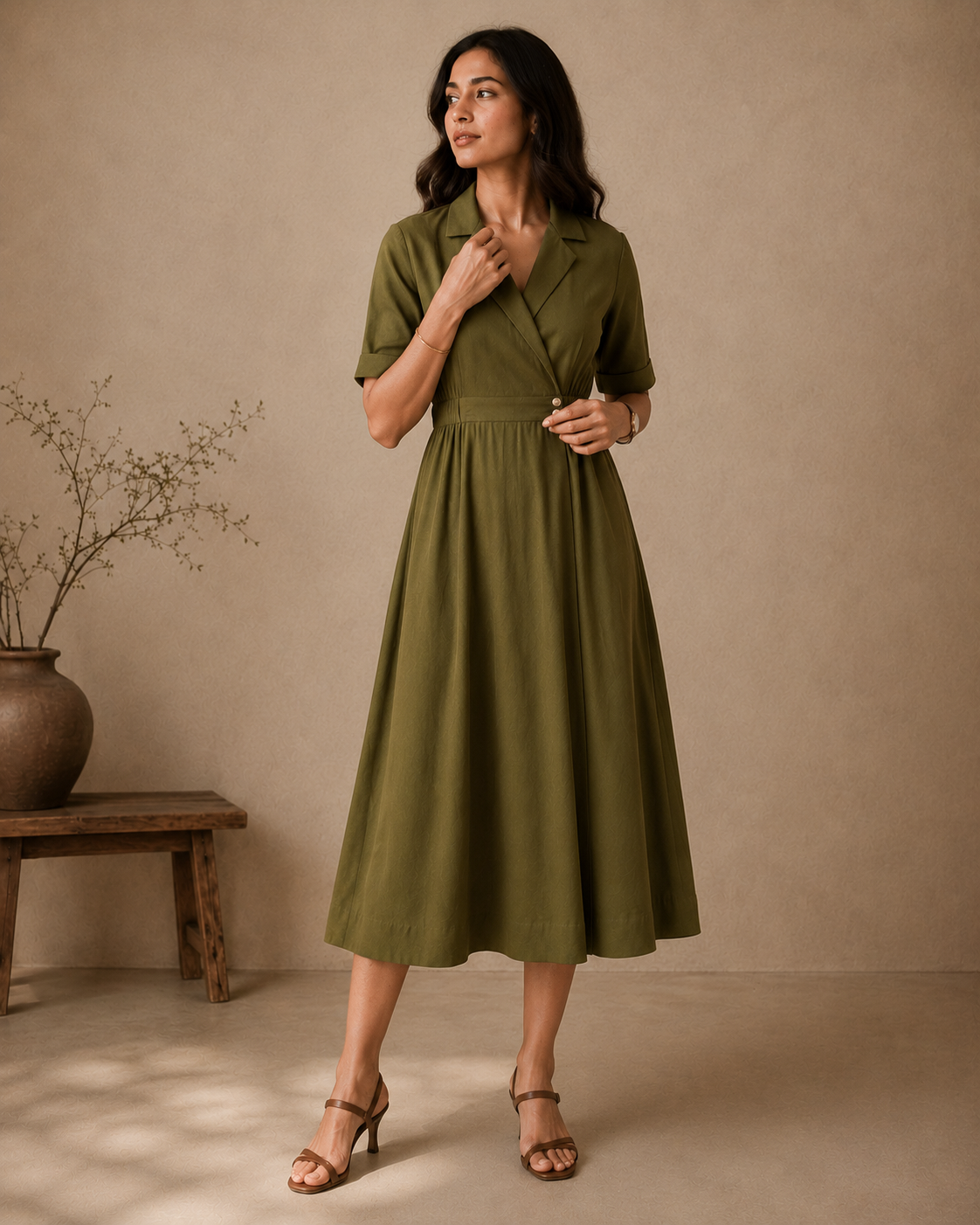Olive Rayon Blazer-Style Double Button Midi Dress