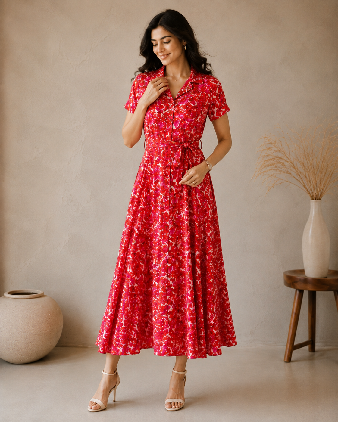 Red Floral Modal Satin Gathered Tie-Neck Flared Jumpsuit