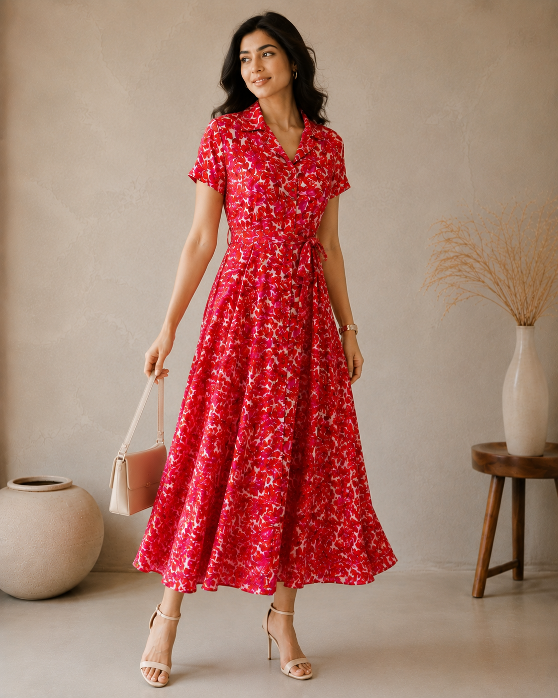Red Floral Modal Satin Gathered Tie-Neck Flared Jumpsuit