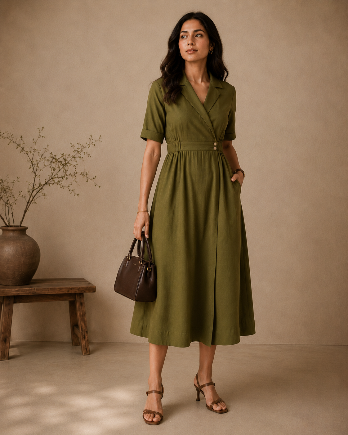 Olive Rayon Blazer-Style Double Button Midi Dress