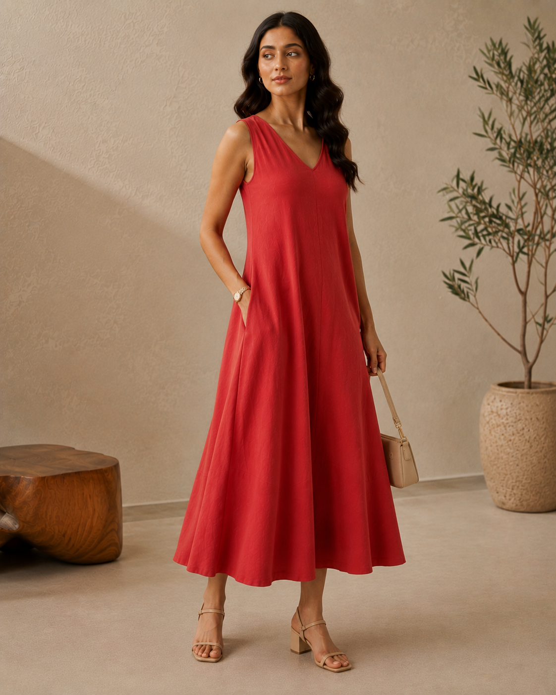 Red Floral Modal Satin Shirt Collar Belted Midi Dress