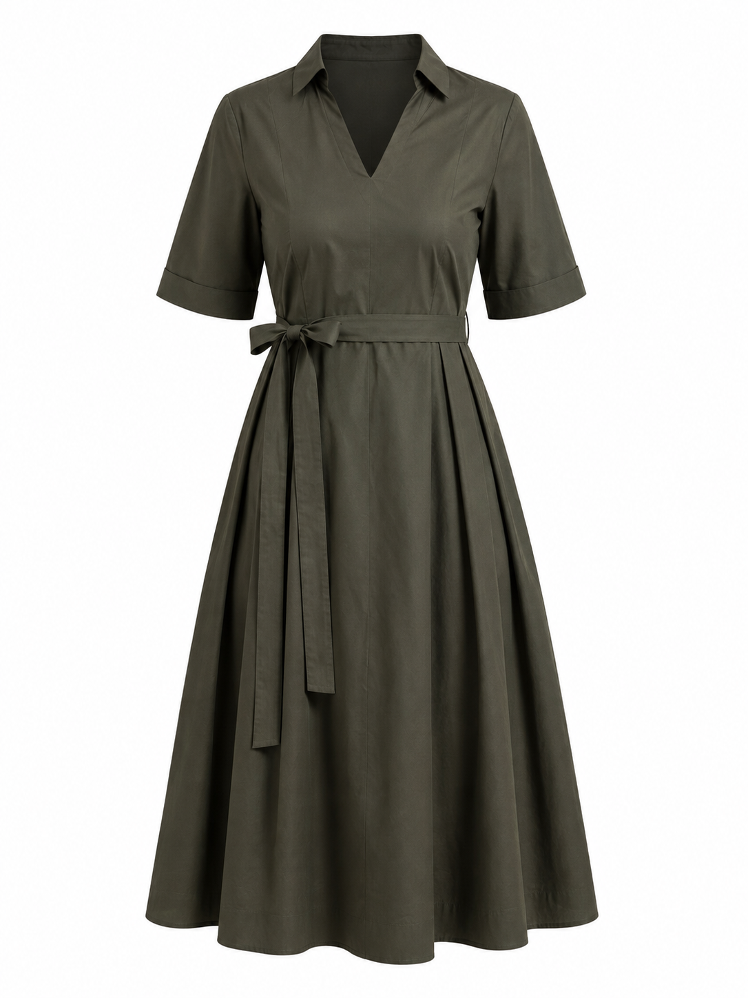 Forest Green Cotton Shirt Collar Belted Midi Dress