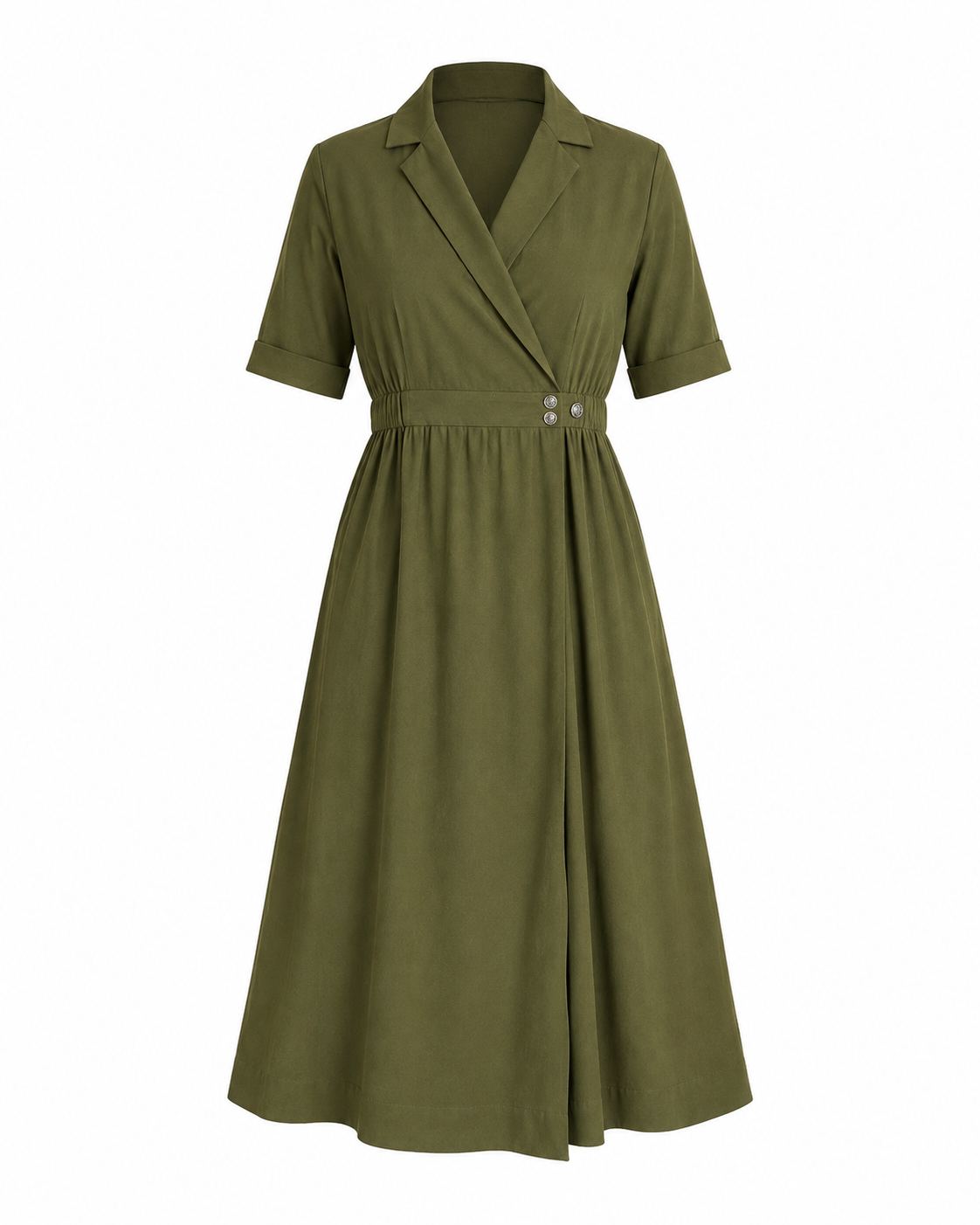 Olive Rayon Blazer-Style Double Button Midi Dress