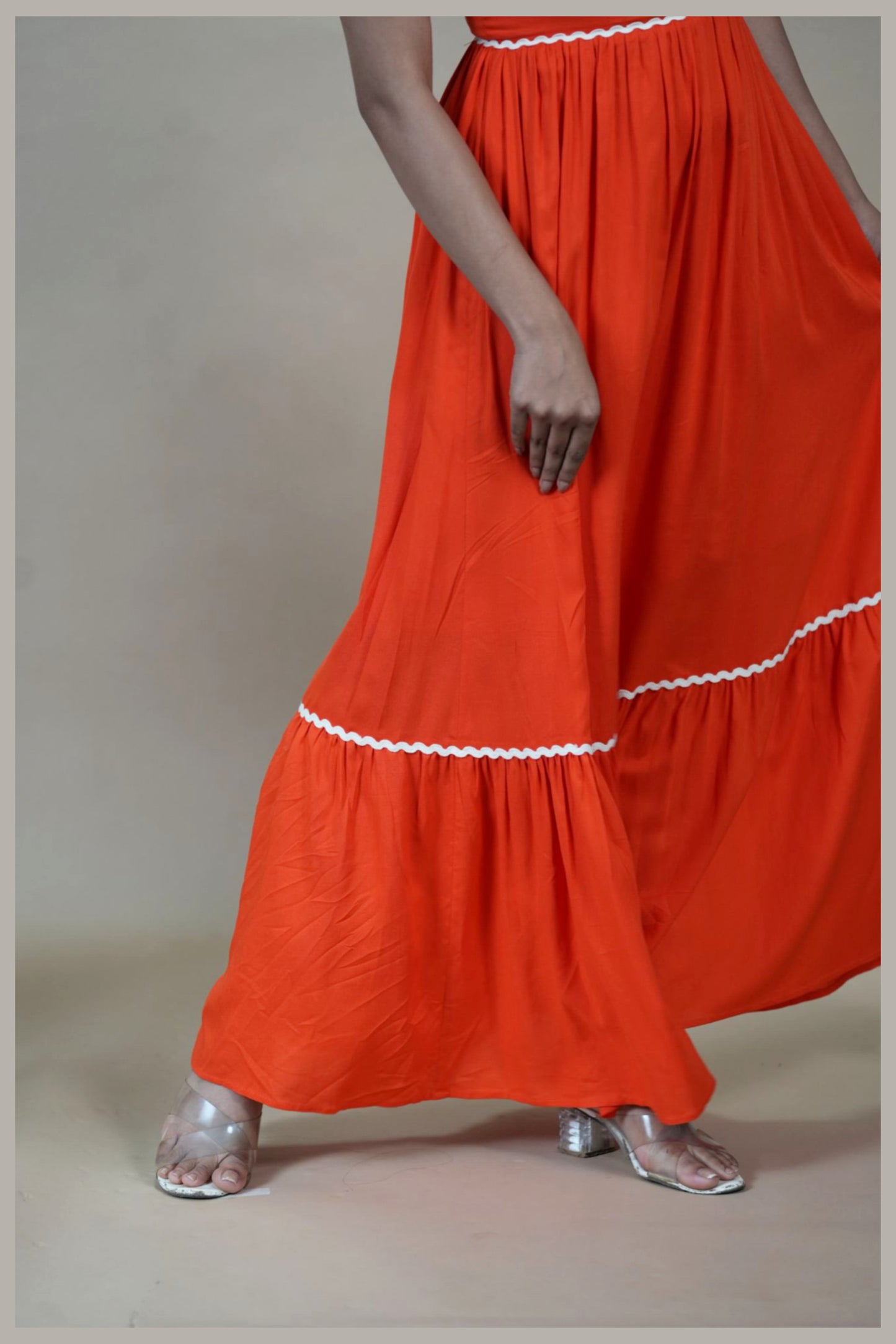 Orange Cotton-Blend Maxi Dress with White Trim