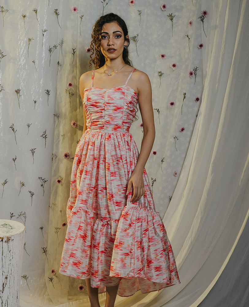 Ikkat Satin High Low Strap Dress