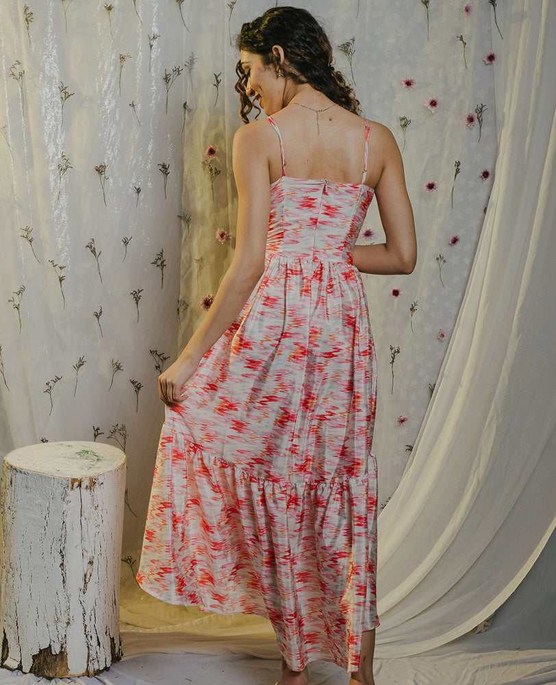 Ikkat Satin High Low Strap Dress