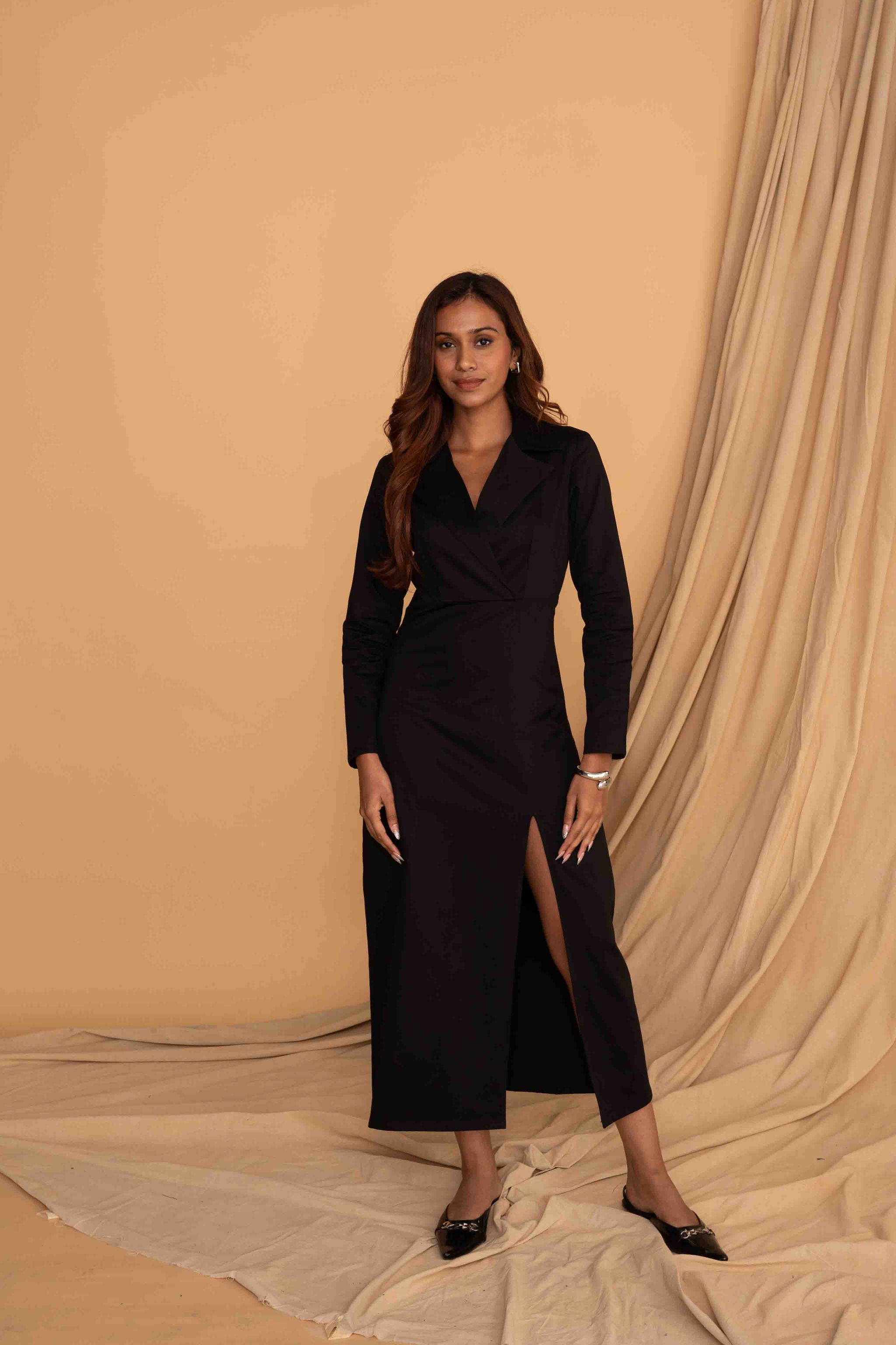 Mileenia Black Blazer-Collar Maxi Dress with Side Slit