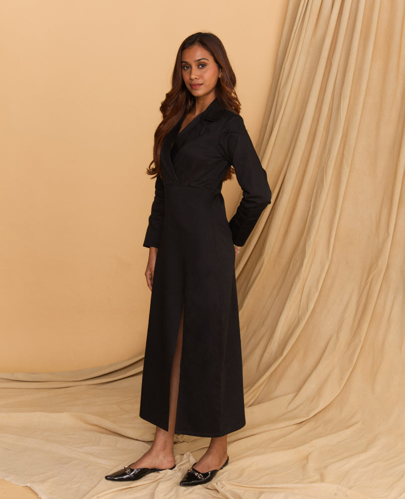 Black Blazer-Collar Maxi Dress with Side Slit