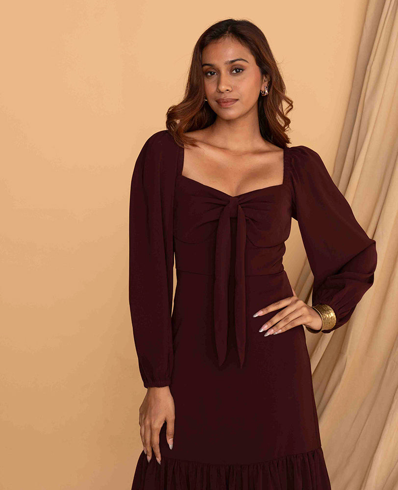 Mileenia Wine Puff-Sleeve Midi Dress with Front Tie