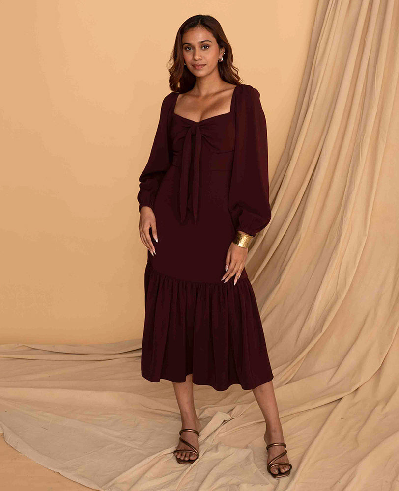 Mileenia Wine Puff-Sleeve Midi Dress with Front Tie