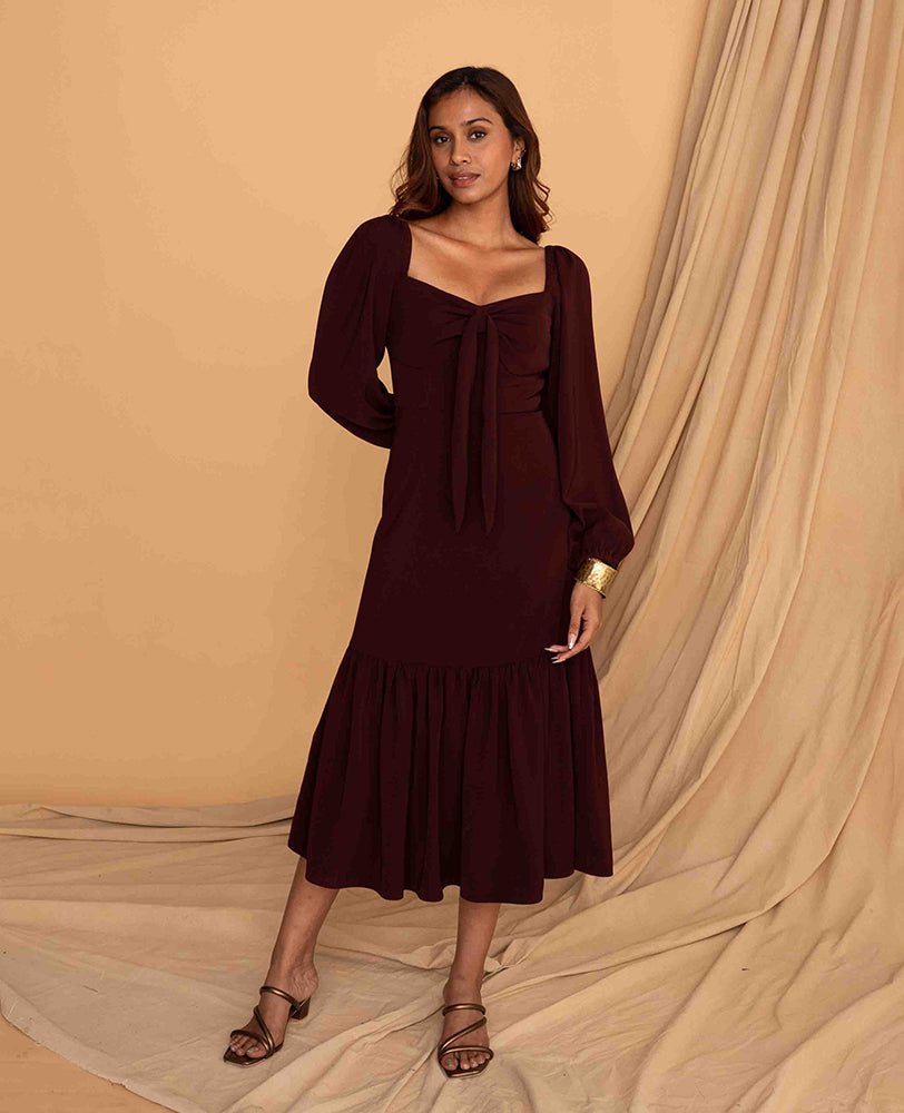 Mileenia Wine Puff-Sleeve Midi Dress with Front Tie