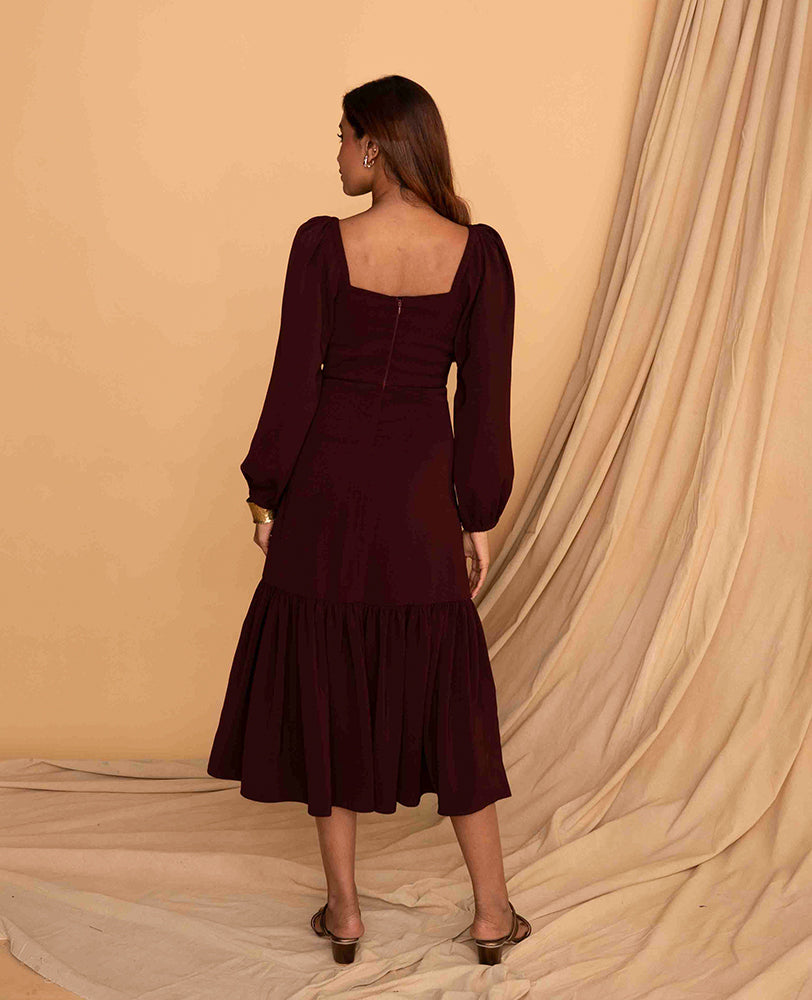 Mileenia Wine Puff-Sleeve Midi Dress with Front Tie