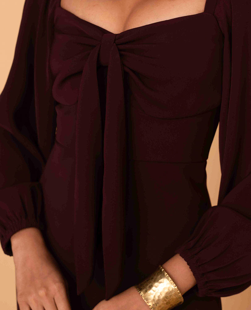 Mileenia Wine Puff-Sleeve Midi Dress with Front Tie