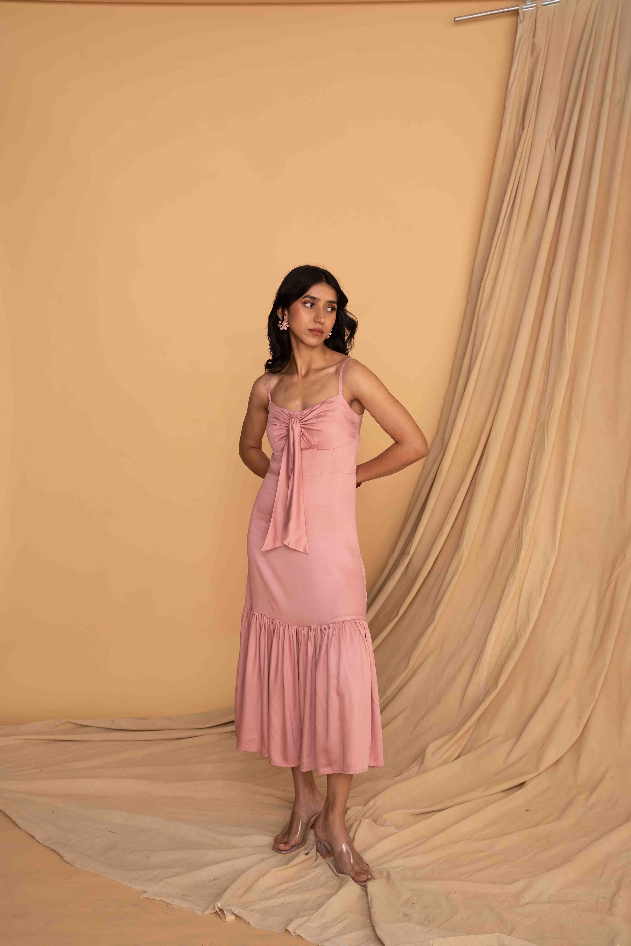 Mileenia Blush Pink Bow-Tie Midi Dress