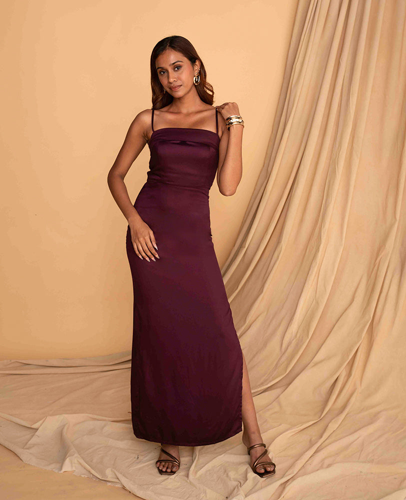 Mileenia Wine Satin Spaghetti Strap Evening Gown