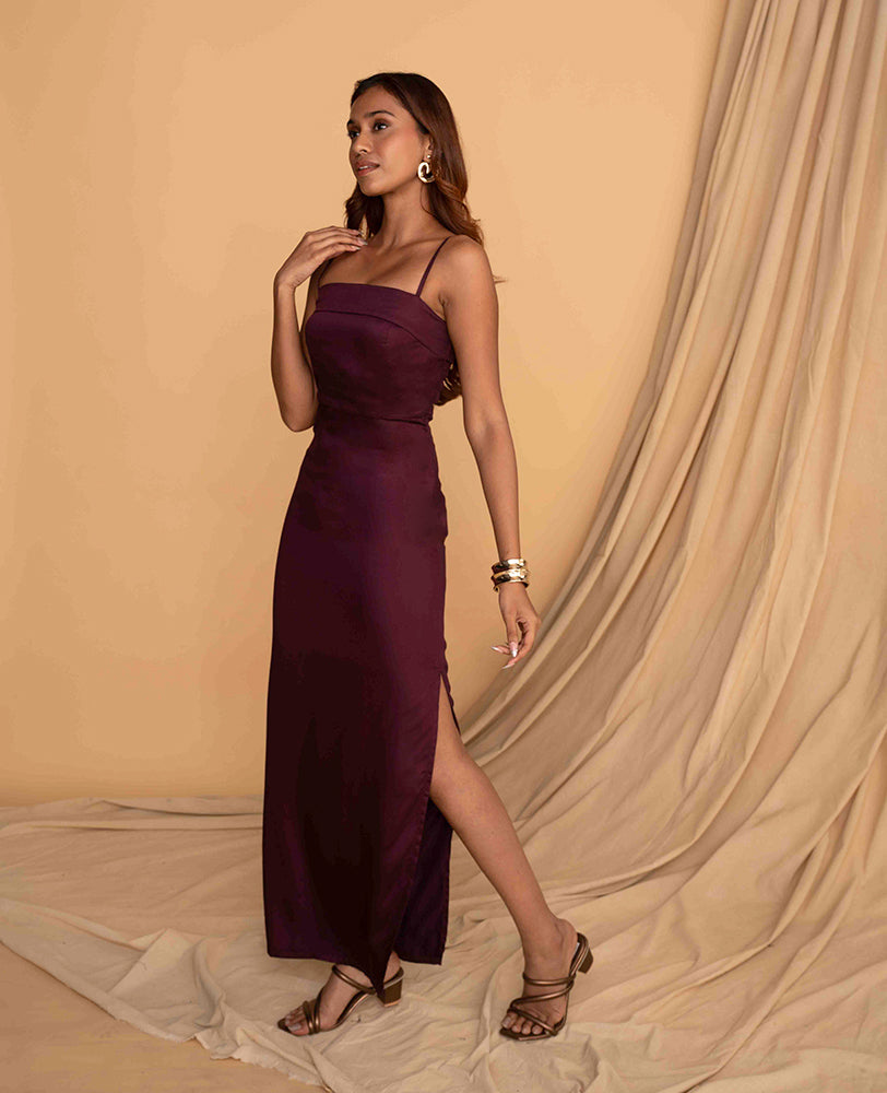Mileenia Wine Satin Spaghetti Strap Evening Gown