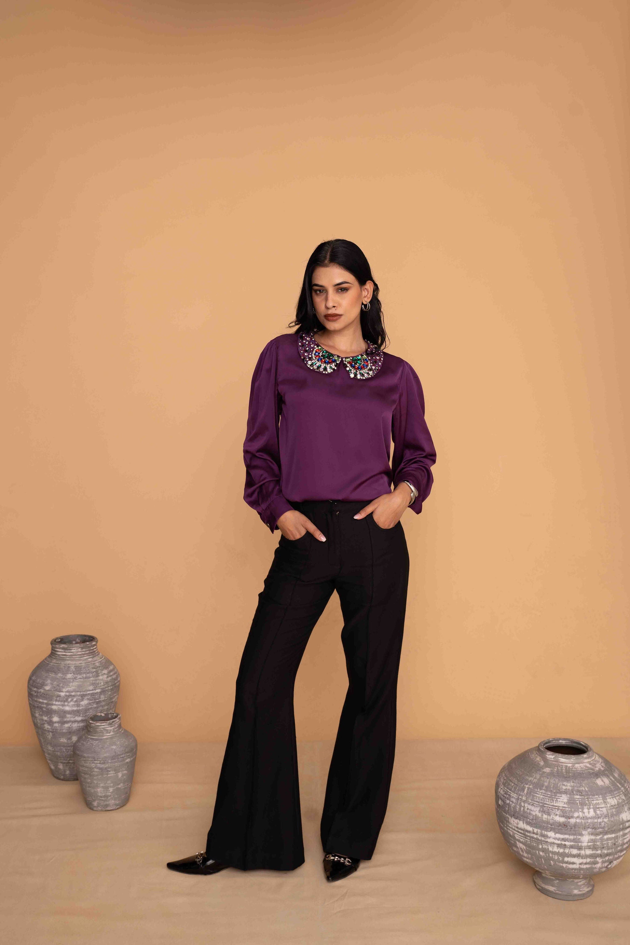 Mileenia Purple Satin Embellished Collar Top