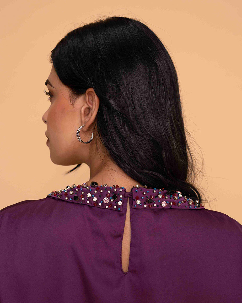 Purple Satin Embellished peterpan Collar Top