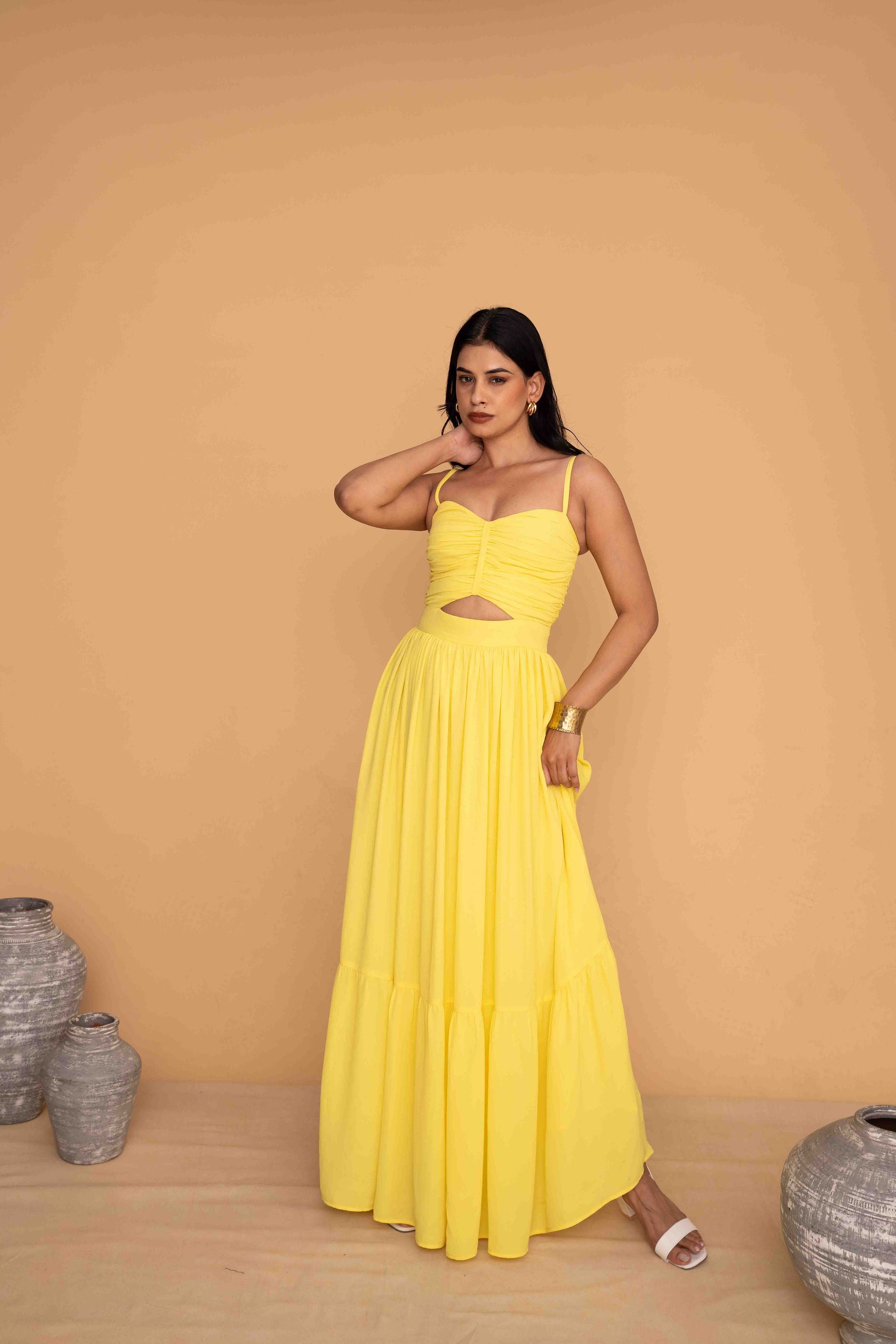 Mileenia Yellow Cutout Maxi Dress with Spaghetti Straps