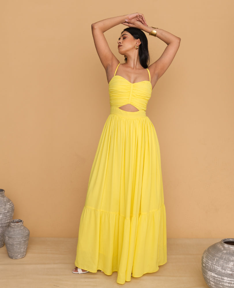 Mileenia Yellow Cutout Maxi Dress with Spaghetti Straps