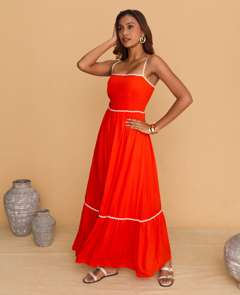 Mileenia Orange Spaghetti Strap Maxi Dress with White Trim