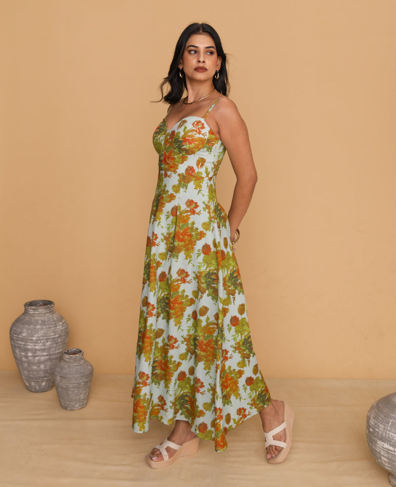 Mileenia Green Floral Sweetheart Neck Strappy Maxi Dress