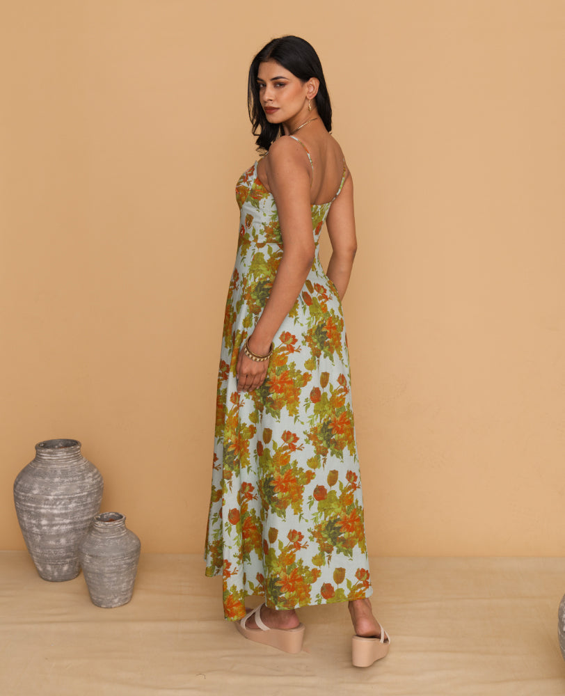 Mileenia Green Floral Sweetheart Neck Strappy Maxi Dress
