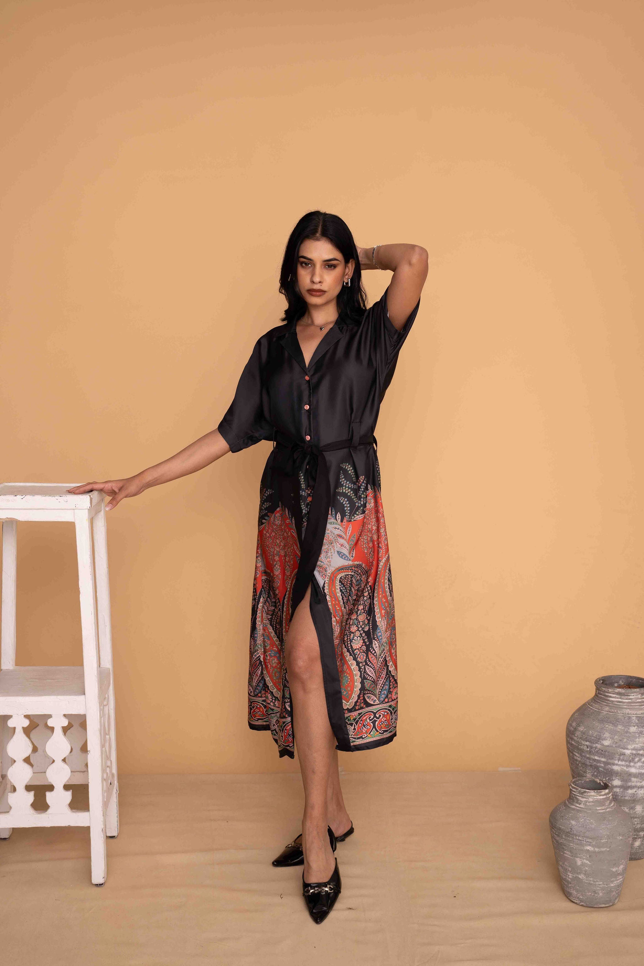 Mileenia Black Satin Shirt Dress with Paisley Print Skirt and Waist Tie