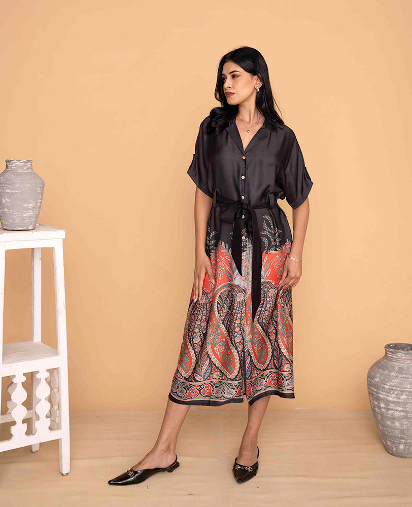 Mileenia Black Satin Shirt Dress with Paisley Print Skirt and Waist Tie